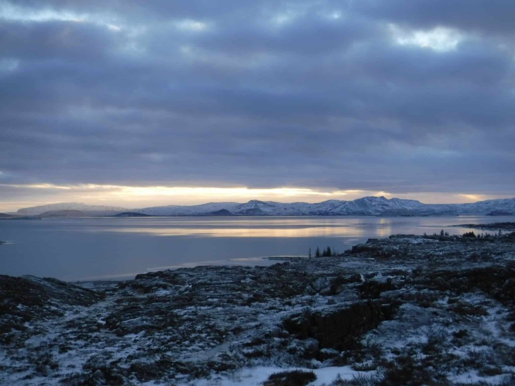 A moody scene. Thingvellir national park stretches out towards the mountainous horizon.