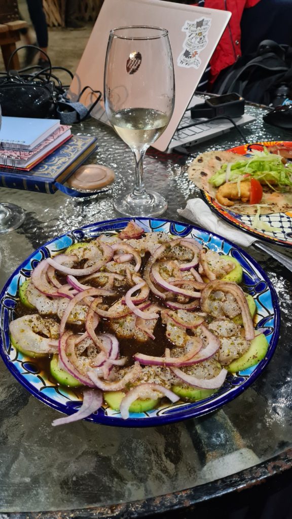 A plate of fresh aquachile (shrimp in a sauce with onions and cucumbers) and a glass of white wine.