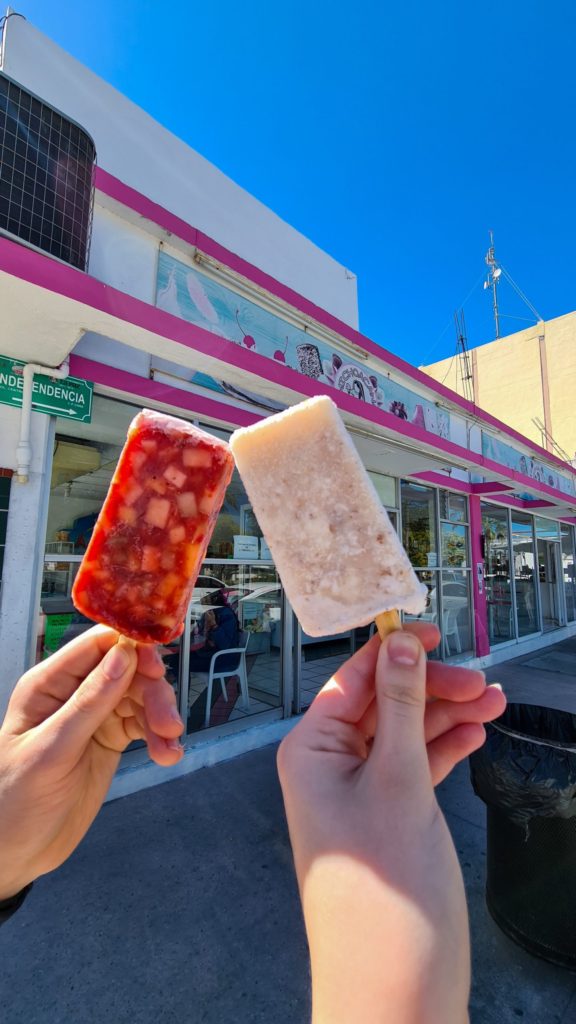 The ice-cream shops in La Paz off a range of home-made ice-lollies. Shown here is a coconut one and a chilli one!