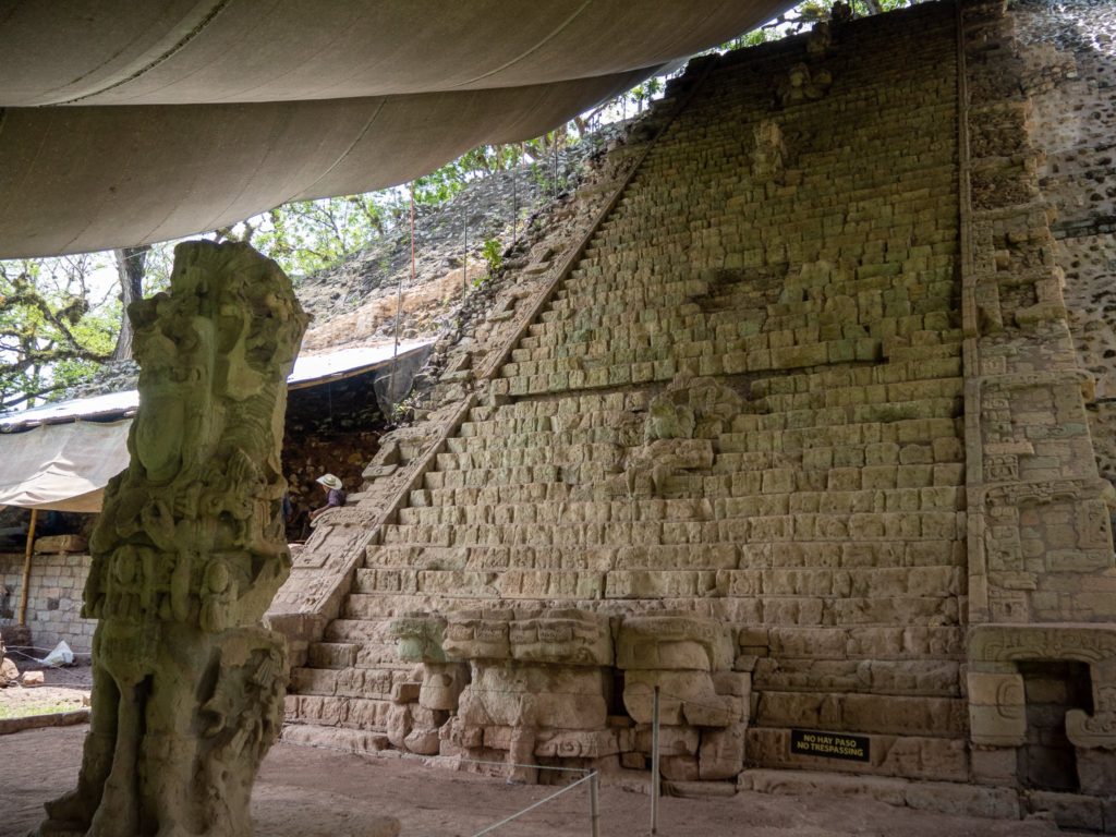 A close up view of the Hieroglyphic Staircase at Copán. Many glyphs and carvings can be seen on each of the 1250 steps.