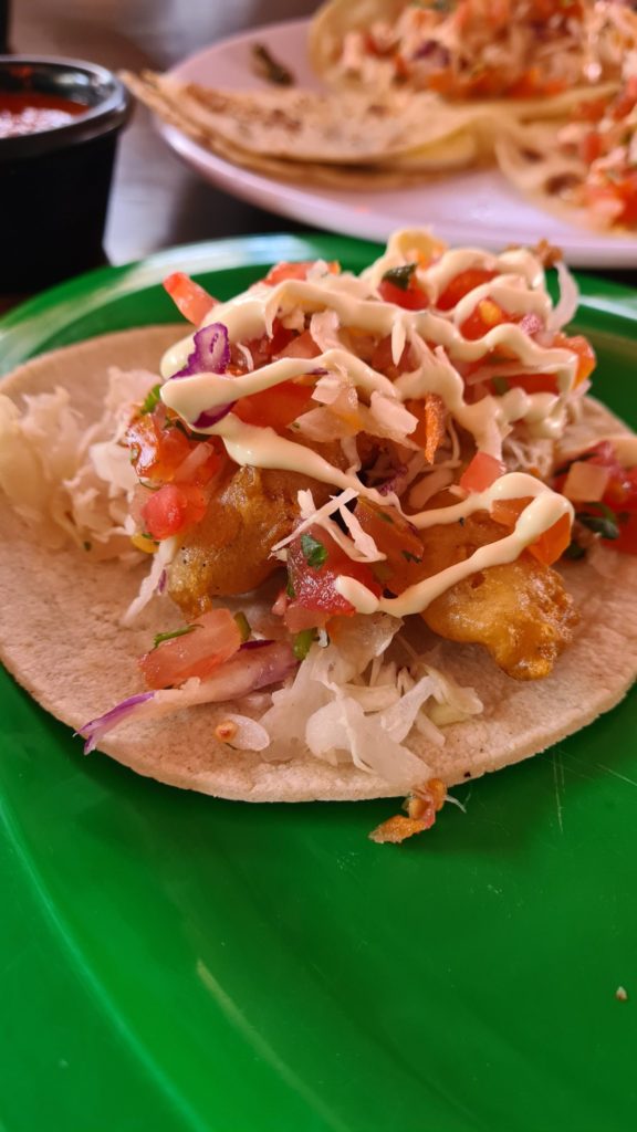 Fried fish tacos with pico de gallo and chilli mayo.