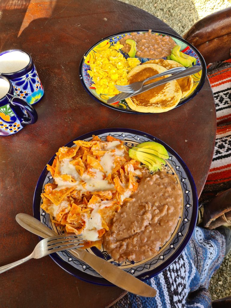 A traditional Mexican breakfast consists of eggs, avocados, re-fried beans and chilaquiles (fried corn tortillas topped with sauce and cheese).
