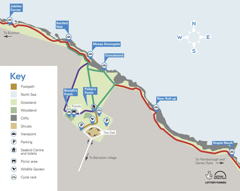 A handy map shows the different trails at RSPB Bempton.