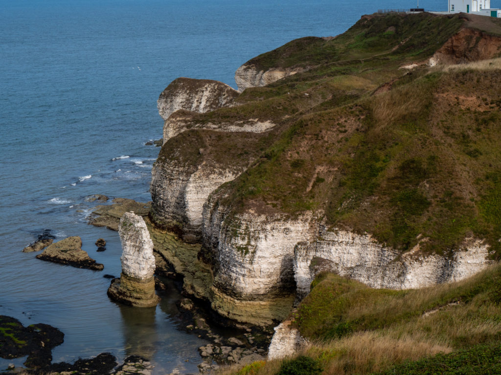 A white chalk sea-stack stands out against the vast Yorkshire cliffside.