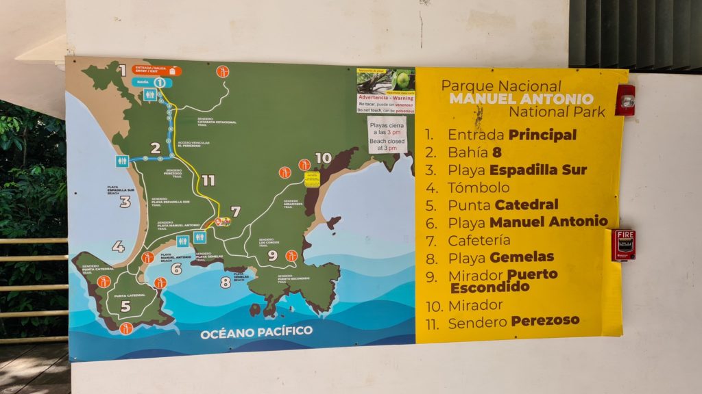 A colourful map of the trails around Manuel Antonio National Park. Key stops on the trails are pin-pointed and numbered.
