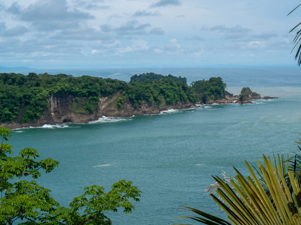 An opening in the canopy reveals Playa Puerto Escondido and the sea on the horizon.
