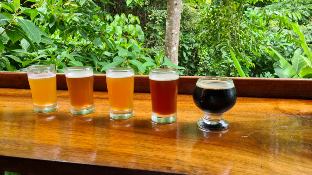 Five small beers are lined up on a polished wooden bar. Trees and bushes can be seen in the background.