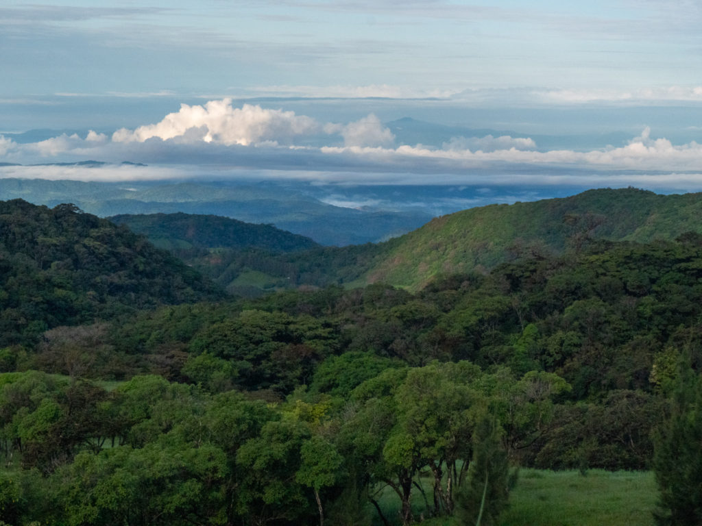 A clear view out to the horizon over the green planes and forest of Monteverde.