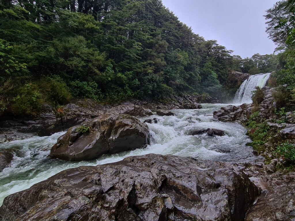 A waterfall crashes in the background. A fast stream rushes towards the camera and around slippery rocks. The whole area is surrounded in trees.