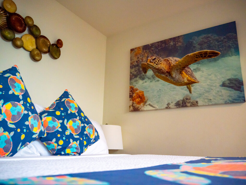 POV: You're relaxing on a comfortable bed with clean white sheets, colourful turtle pillows and admiring a large print of an underwater turtle photo on the wall.