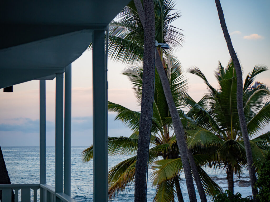 Stepping out onto a balcony looking out at the sun as it rises between palm trees.