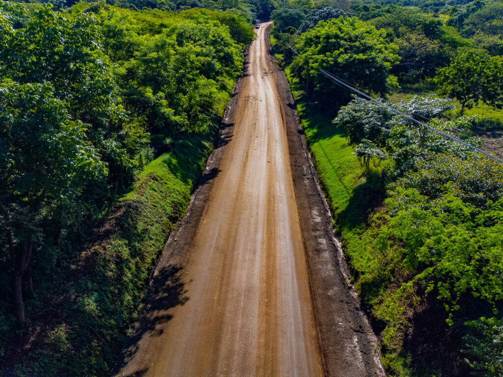 A drone shot down a dirt road surrounded by forest.