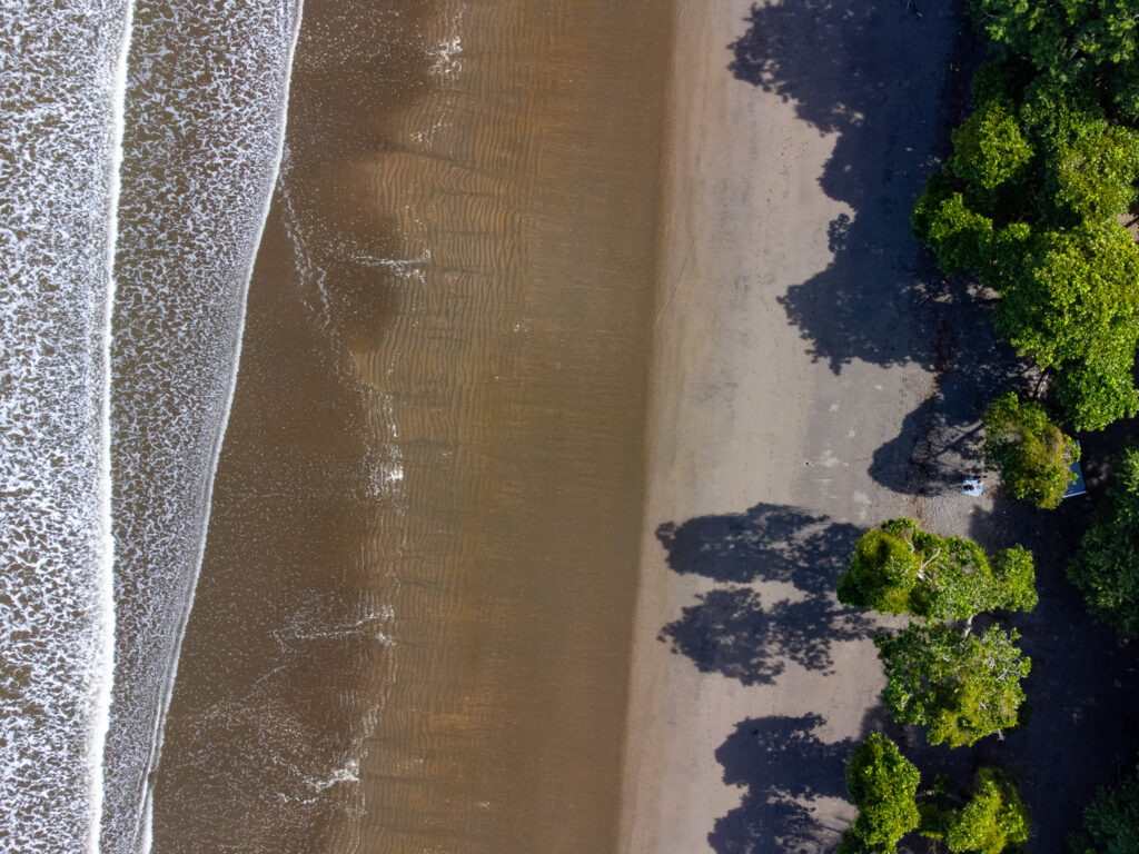 An aerial view of a white sand beach. Looking top-down from high up we can see the white water lapping at the shore, and a bright green tree-line on the edge of the beach.