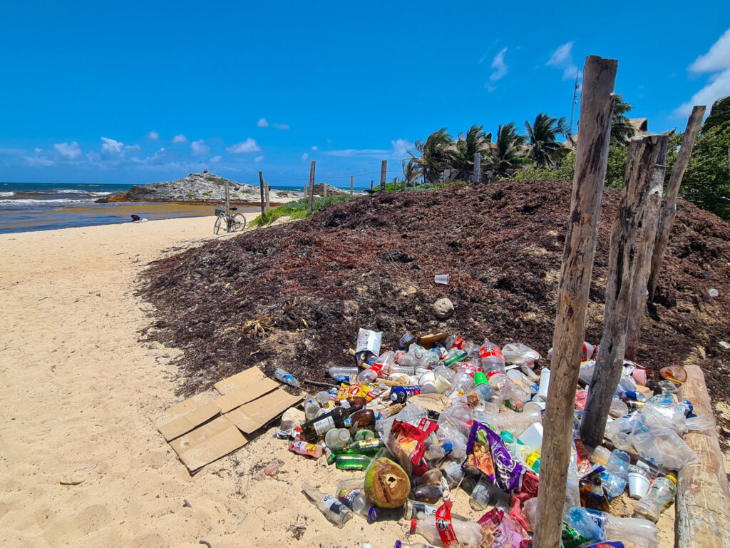 A large pile of plastic and glass has been left on a sandy beach. The ocean and palm trees in the distance are a stark contrast to the rubbish in the foreground.