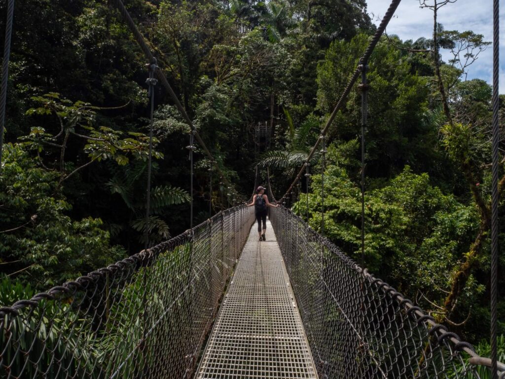 Lucy walks across a bridge in Costa Rica, surrounded by greenery