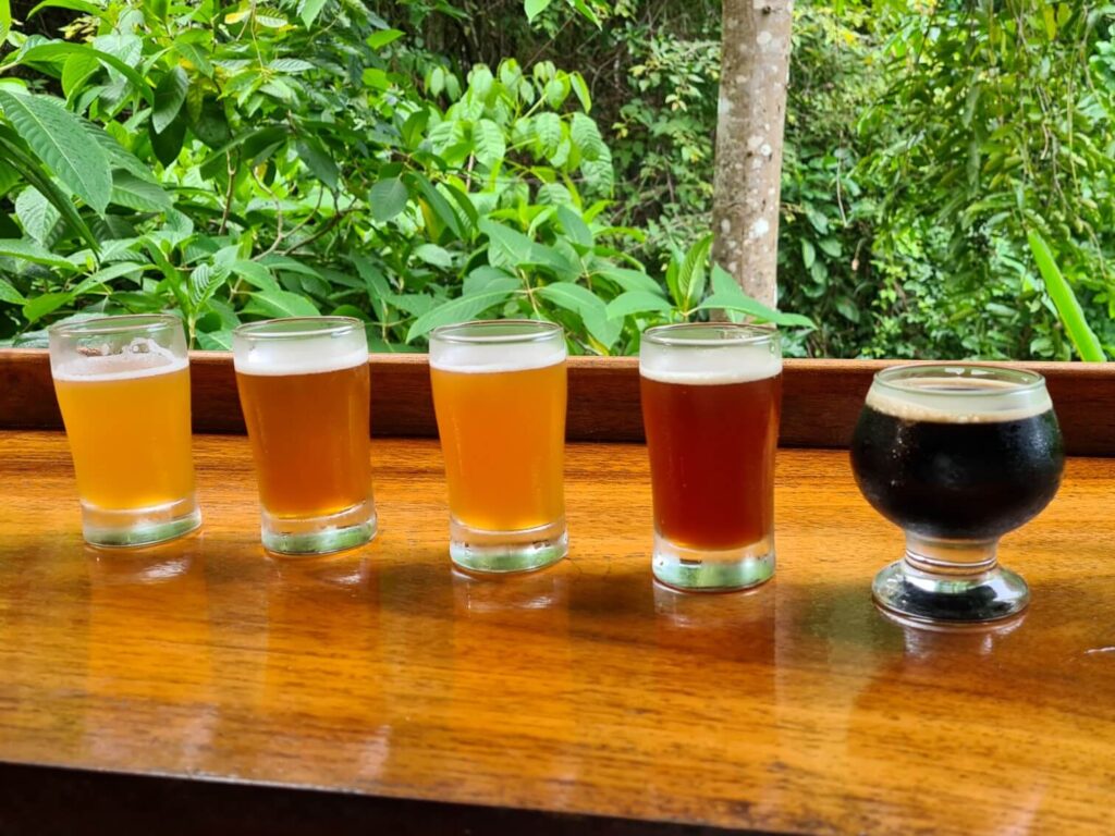 Five small beers are lined up on a polished wooden bar. Trees and bushes can be seen in the background.