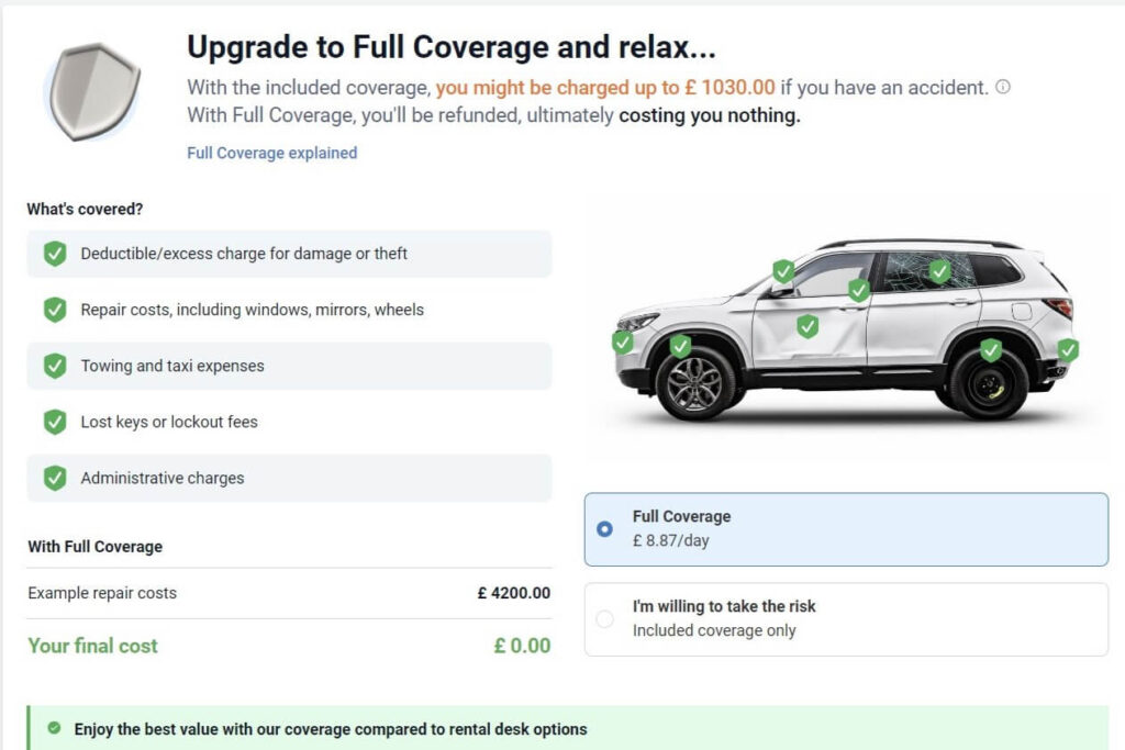 A breakdown of the full insurance option can be seen in this DIscoverCars.com screenshot.