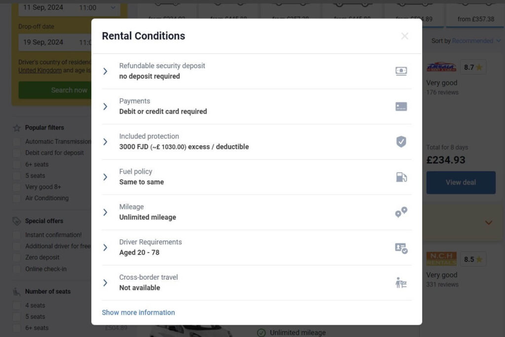 Rental conditions are shown in theis screenshot including the driver's age requirements and the fuel policy.