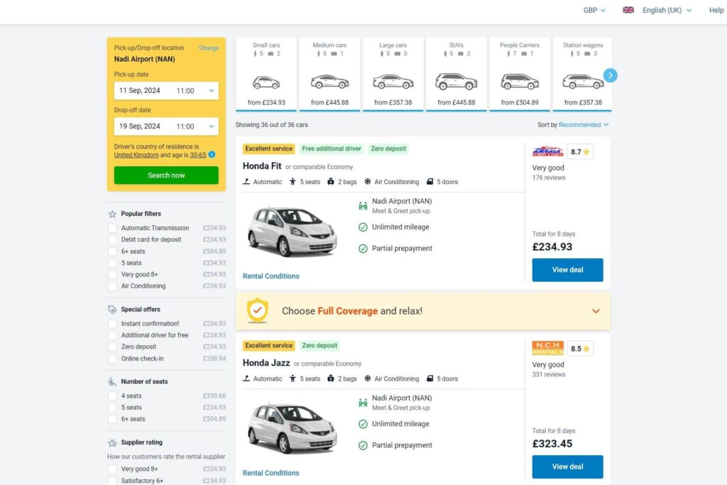 A selection of cars are available at Discover Cars. This is a screenshot of the available car types for a selected time period.