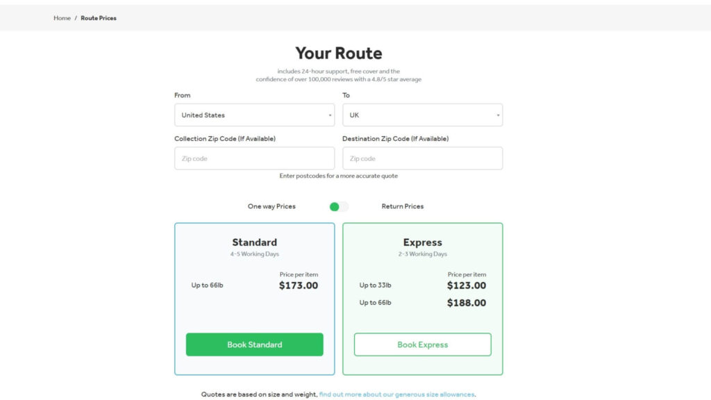 This screenshot from Send My Bag shows a delivery route from the US to the UK. Standard delivery takes 4-5 days and Express only takes 2-3.