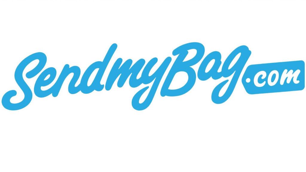 The SendMyBag.com logo is light blue and in cursive writing.