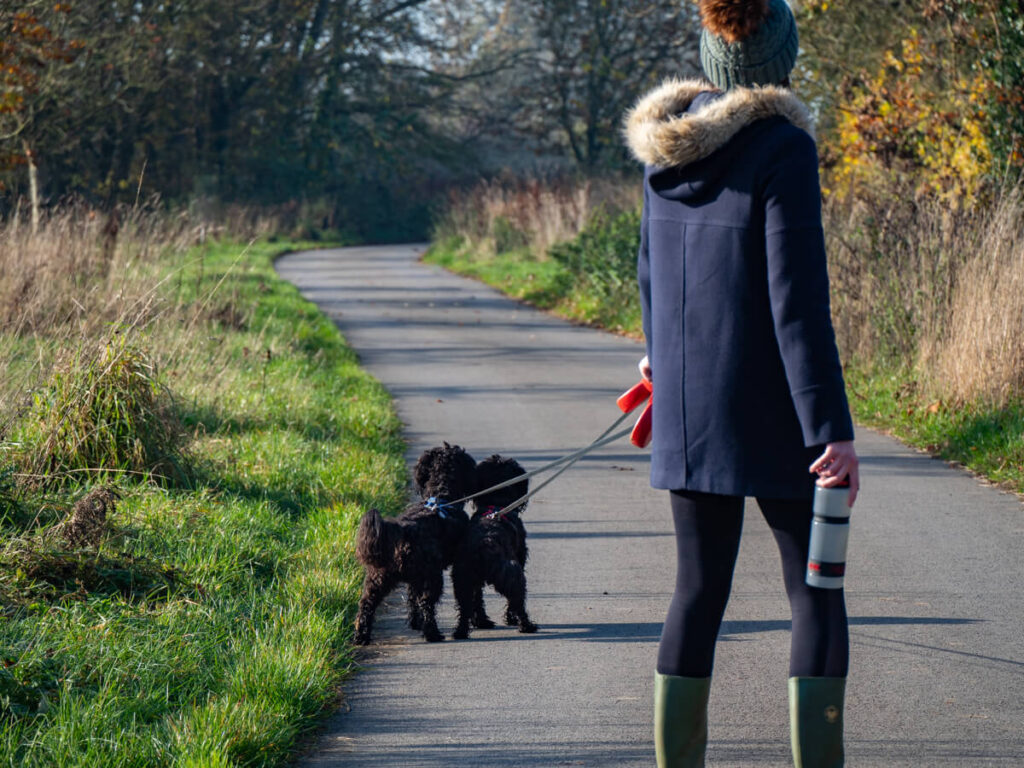 Lucy walking with two small black dogs. She is wearing a wooly hat and carrying an active water bottle.